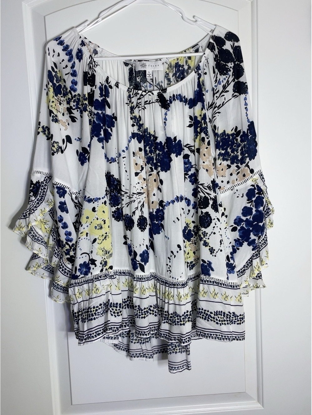 Fever Women’s L Floral Boho Blouse Bell Sleeve Ruffle Hem Rayon